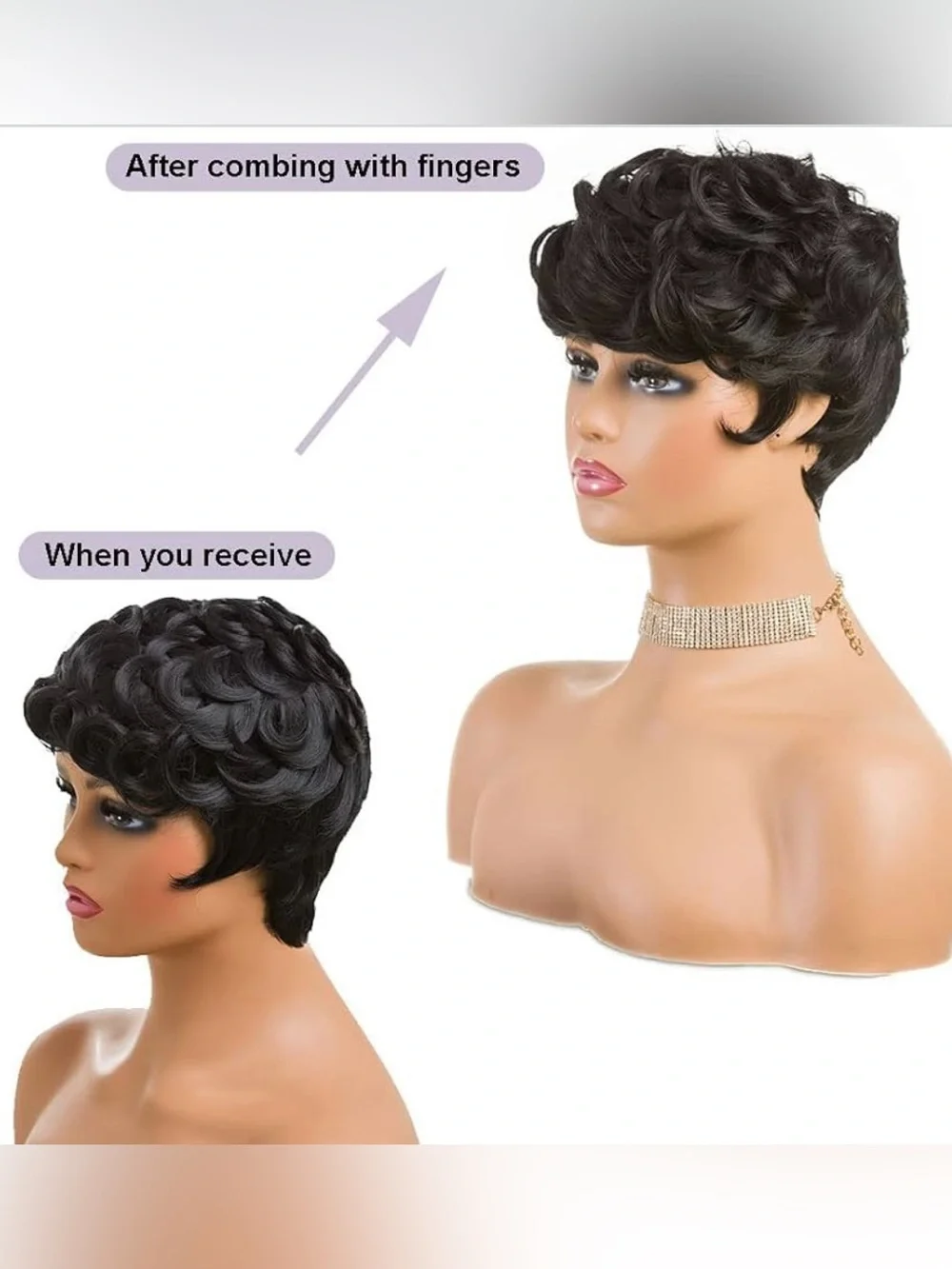 Short Curly Pixie Wig Black With Bangs
